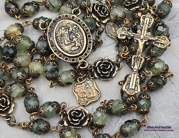 Archangel Raphael Lourdes Roses Prehnite Vintage Bronze Rosary