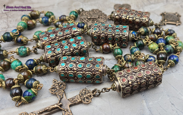 Archangel Michael Raphael St George Chrysocolla Vintage Bronze Rosary