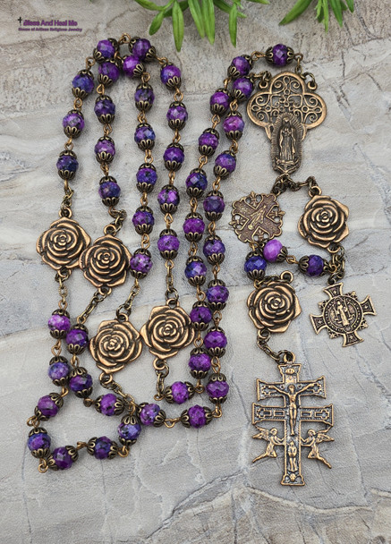 Lady of Guadalupe Roses Caravaca Purple Jasper Vintage Bronze Rosary