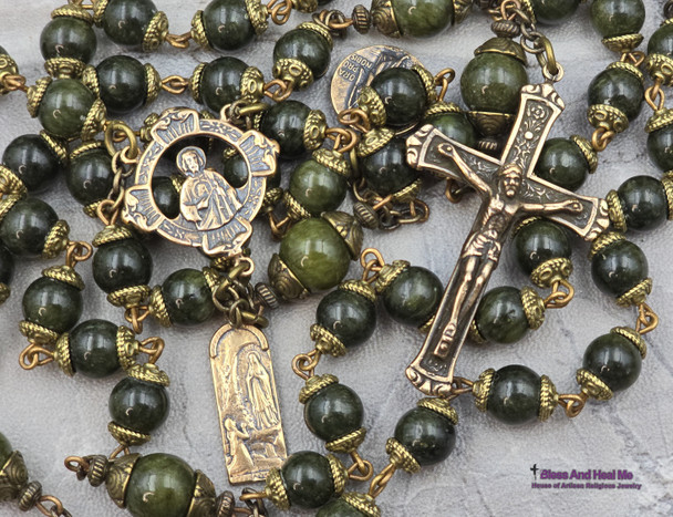 St Jude Lourdes Raphael Healing Saints Green Jade Vintage Bronze Rosary