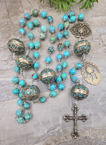 Virgin Mary Holy Sacraments with Angels Turquoise XLarge White Bronze Rosary