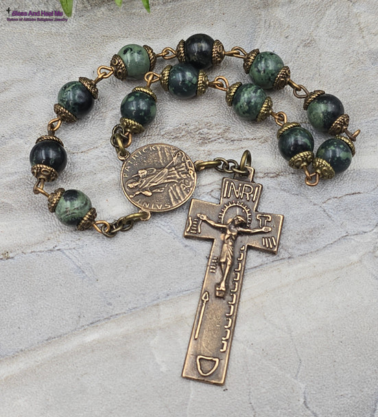 St Patrick Celtic Penal Crucifix 12 Beads Kambaba Jasper Vintage Bronze Chaplet