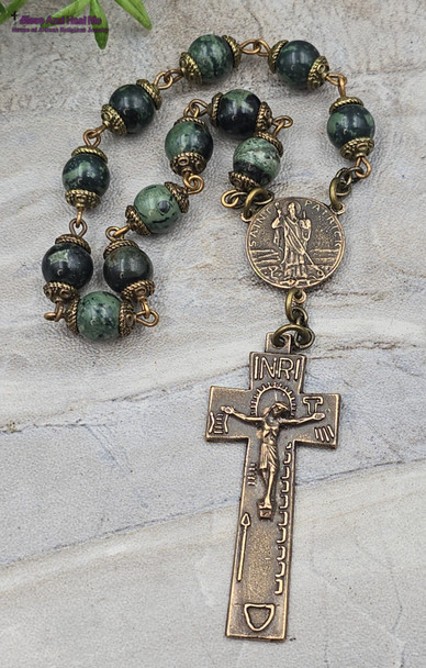 St Patrick Celtic Penal Crucifix 12 Beads Kambaba Jasper Vintage Bronze Chaplet