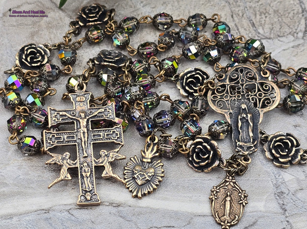 Guadalupe Miraculous Mary Caravaca Vitrail Swarovski Crystal Vintage Bronze Ornate Rosary