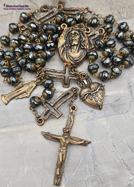 Face of Jesus Sacred Heart Miraculous Mary Hematite Vintage Bronze mens Rosary