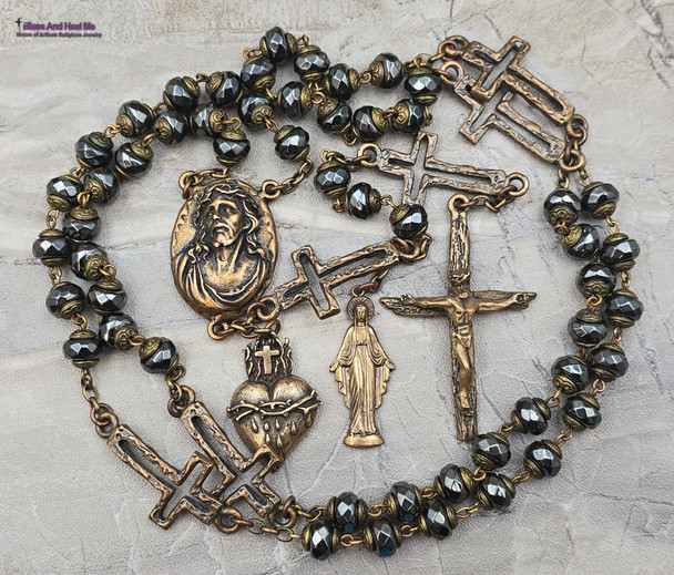 Face of Jesus Sacred Heart Miraculous Mary Hematite Vintage Bronze mens Rosary