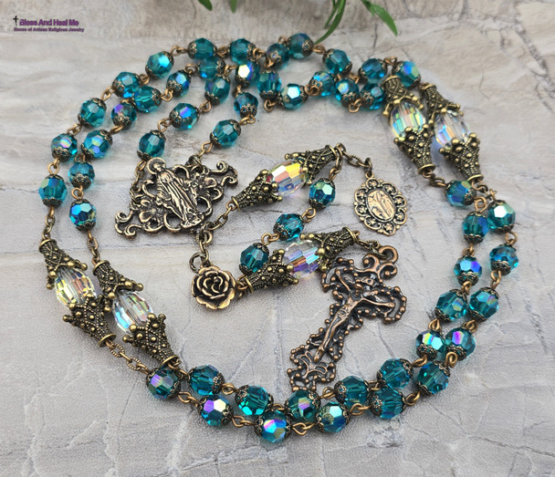 Miraculous Mary Lourdes Indicolite Swarovski Crystal Vintage Bronze Rosary