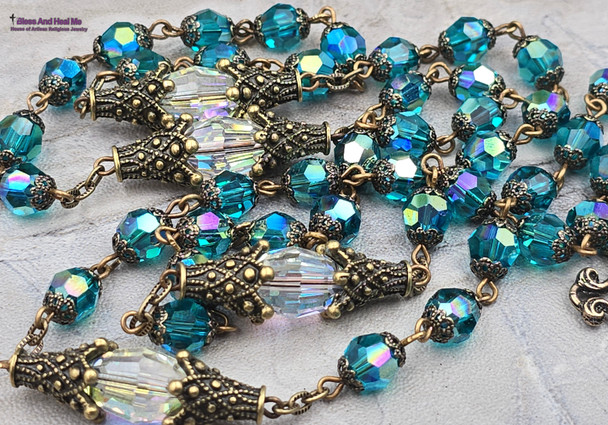 Miraculous Mary Lourdes Indicolite Swarovski Crystal Vintage Bronze Rosary