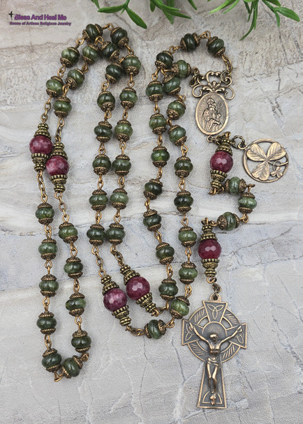 St Patrick Bridget Shamrock Celtic Green Jade Vintage Bronze Rosary
