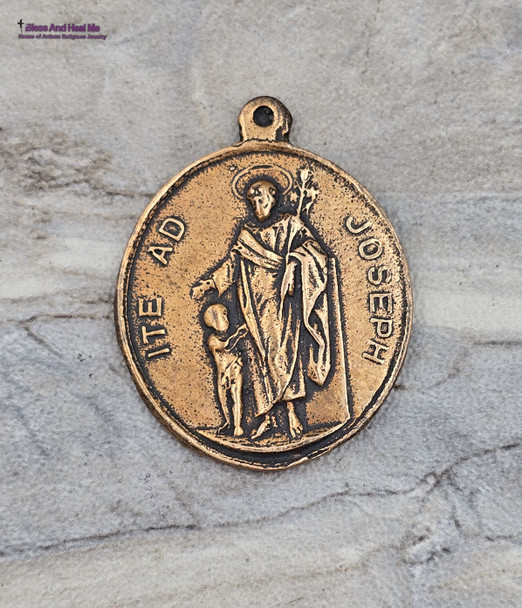 St Joseph with Guardian Angel Catholic Medal -Large Solid Bronze