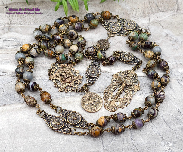 Unique antique-style heirloom rosary with rare purple jasper beads, featuring solid bronze medals of the Sacred Heart of Jesus, Veni Sancte Spiritus, Monstrance, and Angels for Catholic devotion and prayer.