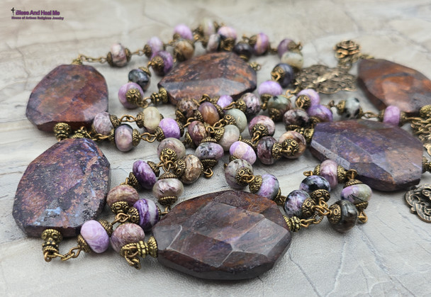 Unique antique-style large heirloom rosary with charoite and purple jasper beads, featuring solid bronze medals of Our Lady of Lourdes and the Crowned Mother Mary for Catholic prayer and devotion.