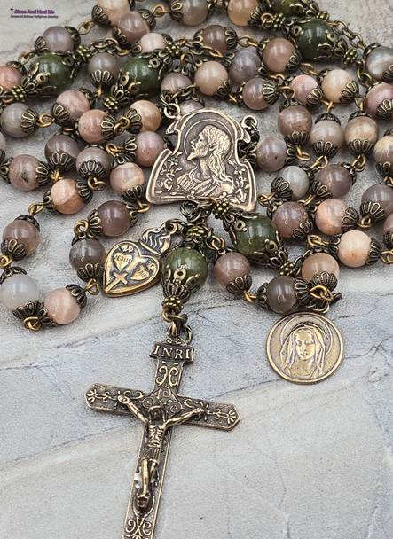 Antique-style heirloom rosary with peach moonstone and green jade beads, featuring solid bronze medals of Jesus, Blessed Virgin Mary, Sacred Heart of Jesus, and Immaculate Heart of Mary for Catholic devotion and prayer.