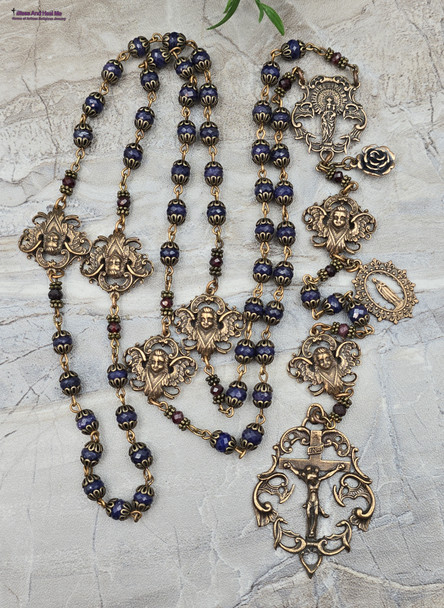 Radiant Mother Mary Lourdes Angels Rosary-Genuine Blue Sapphire-Vintage Bronze Prayer Beads