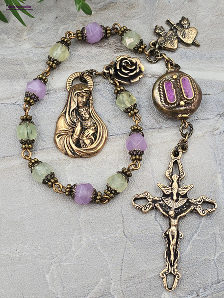 Mother Mary Jesus Tween Hearts Antique-Style Chaplet-Green Lavender Jade&Bronze Medals