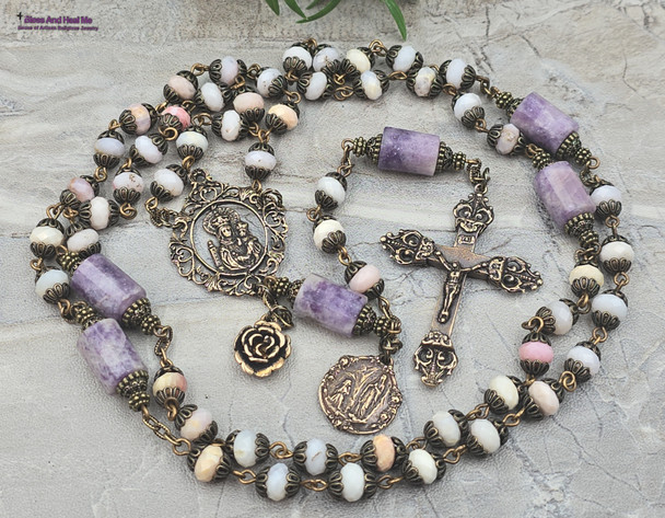 Unique antique-style rosary featuring solid bronze medals of Crowned Mother Mary with Baby Jesus, Blessed Virgin Mary, and Our Lady of Lourdes, crafted with multicolor pastel opal and lepidolite beads for Catholic prayer and devotion.