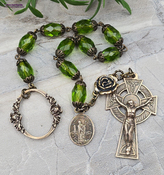 Unique Bronze St Patrick & St Bridget Celtic Irish Chaplet - Roses Green Glass