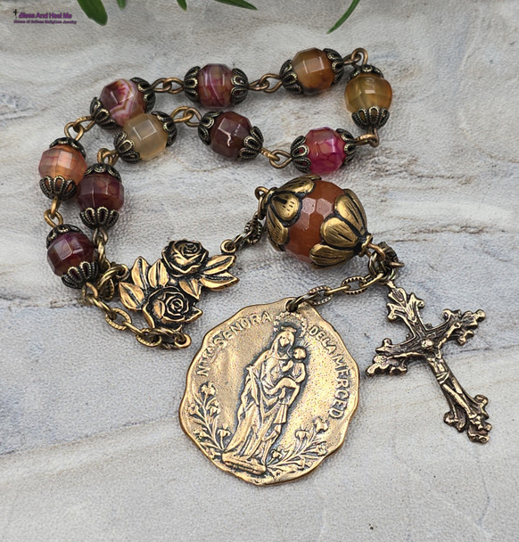 One-of-a-kind antique-style Our Lady of Mercy and Miraculous Mary chaplet with bronze medals, colorful agate, and jade beads