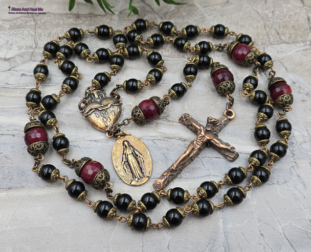 Large Sacred Bleeding Heart of Jesus, Miraculous Mary medal, rustic 3D Crucifix solid bronze rosary with black onyx and red quartz