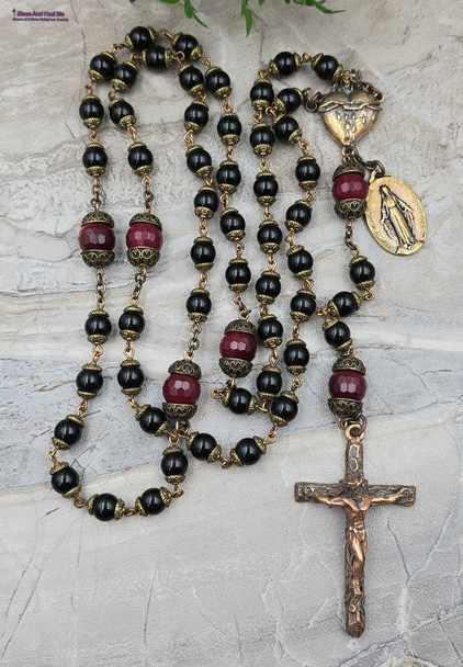 Large Sacred Bleeding Heart of Jesus, Miraculous Mary medal, rustic 3D Crucifix solid bronze rosary with black onyx and red quartz