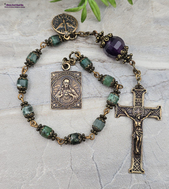 One-of-a-kind Sacred Heart of Jesus, Our Lady of Mount Carmel, Holy Spirit solid bronze chaplet with genuine Emerald and Amethyst beads