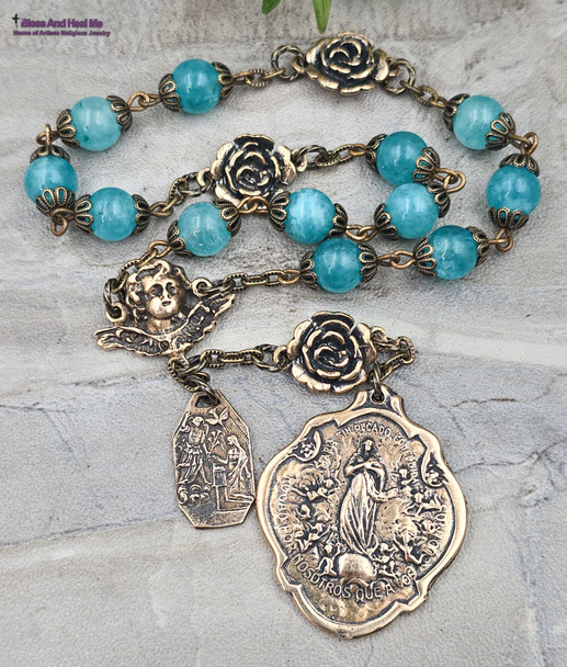 One-of-a-kind 15-bead Immaculate Conception chaplet with Mary, angels, St. Gabriel Annunciation handcasted solid bronze medals, blue Jade