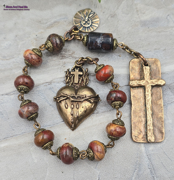 One-of-a-kind Sacred Bleeding Heart of Jesus, Holy Eucharist handcasted solid bronze chaplet with Red Brecciated Jasper and Pietersite