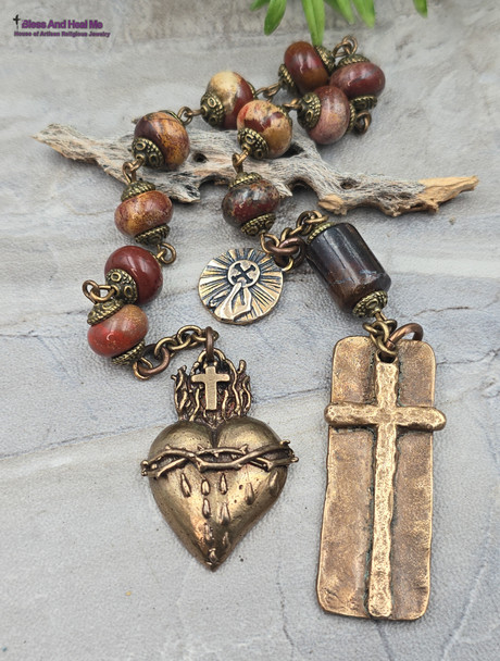 One-of-a-kind Sacred Bleeding Heart of Jesus, Holy Eucharist handcasted solid bronze chaplet with Red Brecciated Jasper and Pietersite