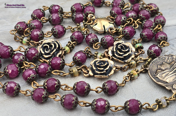 Antique-style heirloom rosary with solid bronze Ave Maria center, Lourdes/Immaculate Conception and Sacred Heart of Jesus medals, bronze rose Our Father beads, genuine red ruby and Welo fire opal beads