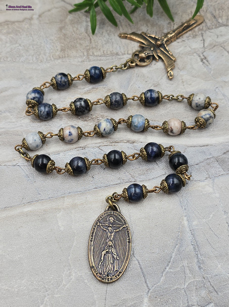 Antique-style 21-bead chaplet with solid bronze two-sided medal featuring Holy Trinity and Miraculous Mary on one side, Holy Sacraments on the other, Holy Trinity crucifix, blue tiger eye, and sodalite beads