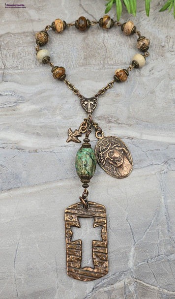 Vintage-style masculine chaplet with solid bronze Holy Face of Jesus Crown of Thorns medal, Holy Spirit medal, large artisan cross medal, heart with cross center, picture jasper, and turquoise beads