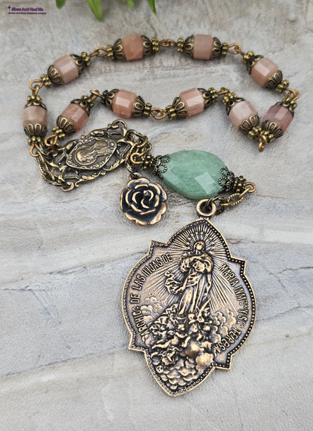 Ornate antique-style heirloom chaplet with extra-large rare Assumption of Mary with Angels and St. Therese medal, Virgin Mary Rosa Mystica center medal, solid bronze medals, peach moonstone, and green aventurine beads