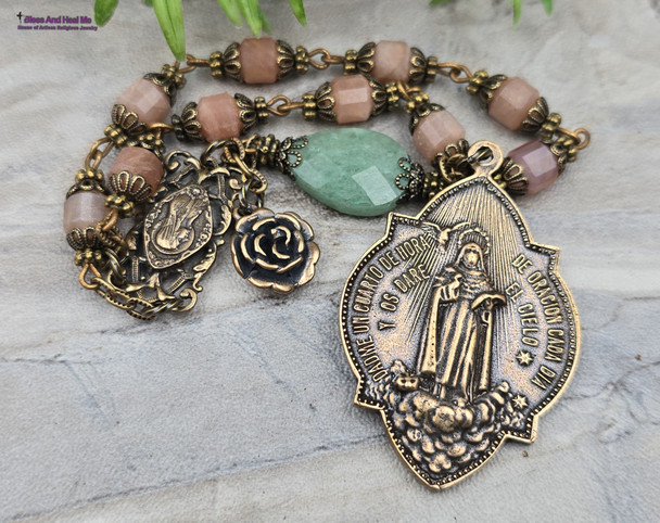 Ornate antique-style heirloom chaplet with extra-large rare Assumption of Mary with Angels and St. Therese medal, Virgin Mary Rosa Mystica center medal, solid bronze medals, peach moonstone, and green aventurine beads