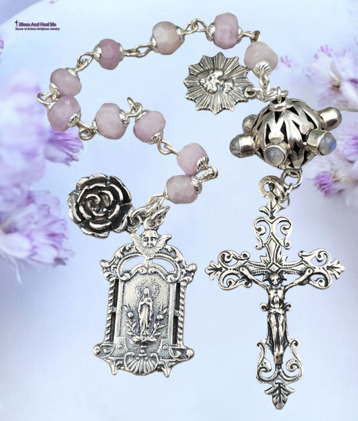 Antique-style heirloom chaplet with sterling silver Our Lady of Lourdes and Sacred Heart of Jesus medals, featuring lavender lepidolite and vintage moonstone beads.