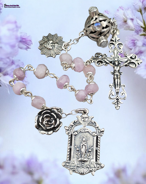 Antique-style heirloom chaplet with sterling silver Our Lady of Lourdes and Sacred Heart of Jesus medals, featuring lavender lepidolite and vintage moonstone beads.