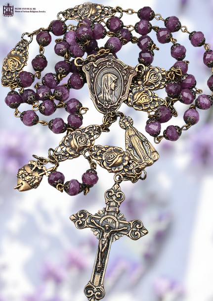 Limited edition antique-style heirloom rosary with solid bronze medals of Blessed Virgin Mary, Miraculous Mary, and Immaculate Heart, crafted with Purple Plum Jade and bronze Rose beads.