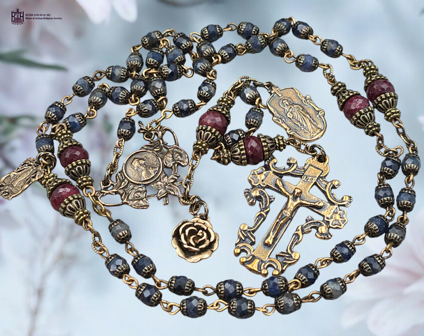 One-of-a-kind antique-style petite heirloom rosary with solid bronze medals of Blessed Virgin Mary, Lourdes, Sacred Heart, and Carmel, crafted with genuine Red Rubies and Blue Sapphires.