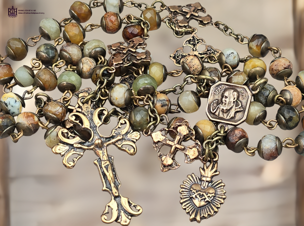 One-of-a-kind antique-style heirloom rosary with solid bronze medals of Padre Pio, Sacred Heart of Jesus, and Mother Mary, crafted with Huawei Jade beads and bronze cross Our Father beads.