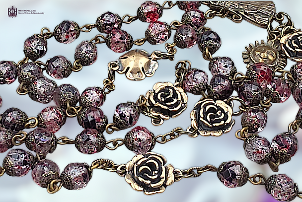 Our Lady of Fatima & Our Lady of Lourdes bronze rosary with Colorful Czech Fire Polished Glass beads
