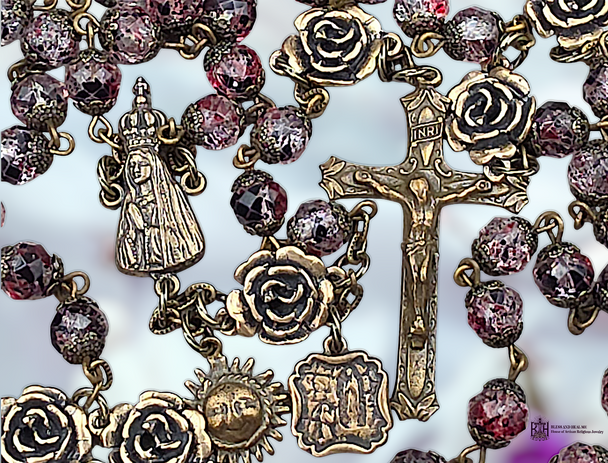Our Lady of Fatima & Our Lady of Lourdes bronze rosary with Colorful Czech Fire Polished Glass beads