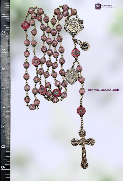 Mary Magdalene, Sacred Heart & St Therese Heirloom Rosary | Bronze| Pink Fire Glass