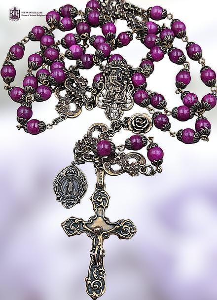 St Anne Miraculous Mary heritage bronze rosary with magenta jade gemstones