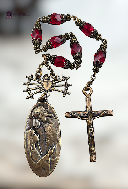 Immaculate Heart Mary Seven Sorrows Mary at Cross heritage bronze 7 bead Servite chaplet red preciosa