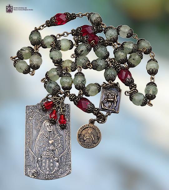 Five Wounds Jesus Crown Thorns Mother Mary Precious Blood Bruges Pelican Seven Sorrows heritage bronze 33 bead chaplet prehnite red preciosa