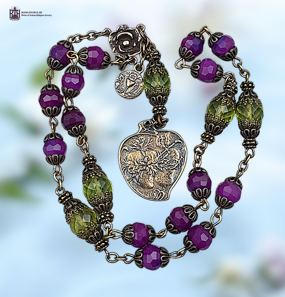 20 bead Tween Hearts Sacred Heart Jesus Immaculate Heart Mary Holy Eucharist heritage bronze chaplet sugilite genuine green baltic amber