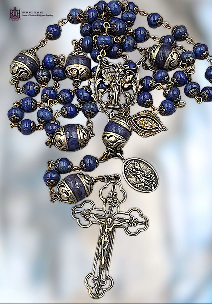 Our Lady Lourdes Sacred Heart Jesus Archangel Michael heritage white bronze rosary lapis lazuli
