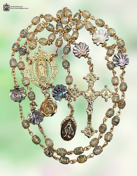 Our Lady Guadalupe Miraculous Mary Guadalupe Roses Sacred Heart Jesus 18K gold sterling silver rosary abalone shell prehnite