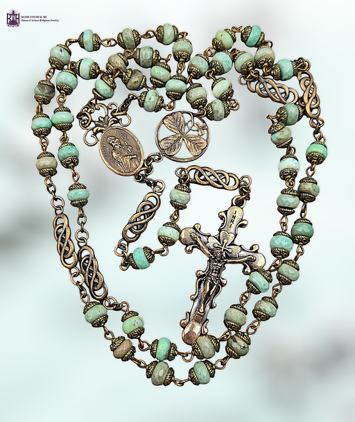 St Patrick St Bridget 3 Leafs Shamrock premium heritage bronze antique style Celtic rosary chrysoprase