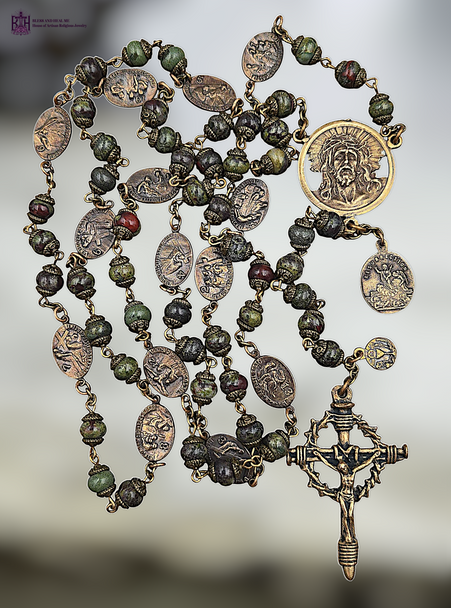 14 Stations Cross Ecce Homo Face Jesus Crown Thorns 15th Station Resurrection Holy Eucharist premium heritage bronze chaplet bloodstone