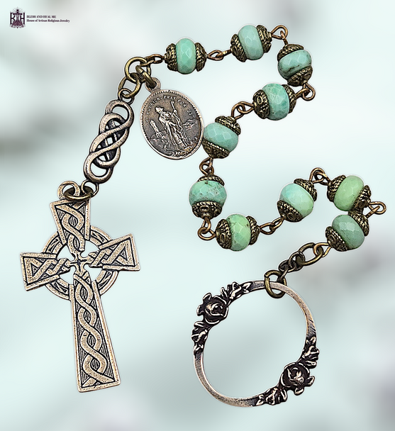 Penal St Patrick St Bridget premium heritage bronze antique style chaplet chrysoprase Celtic knot bead Celtic cross Irish heritage